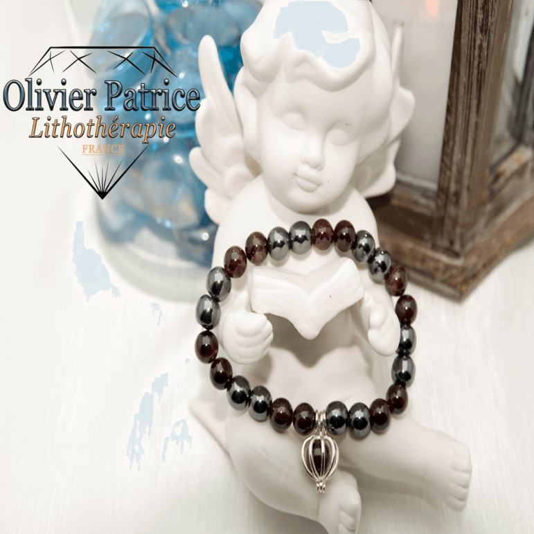 Bracelet hématite et grenat cage coeur d'argent 925 contre la fatigue