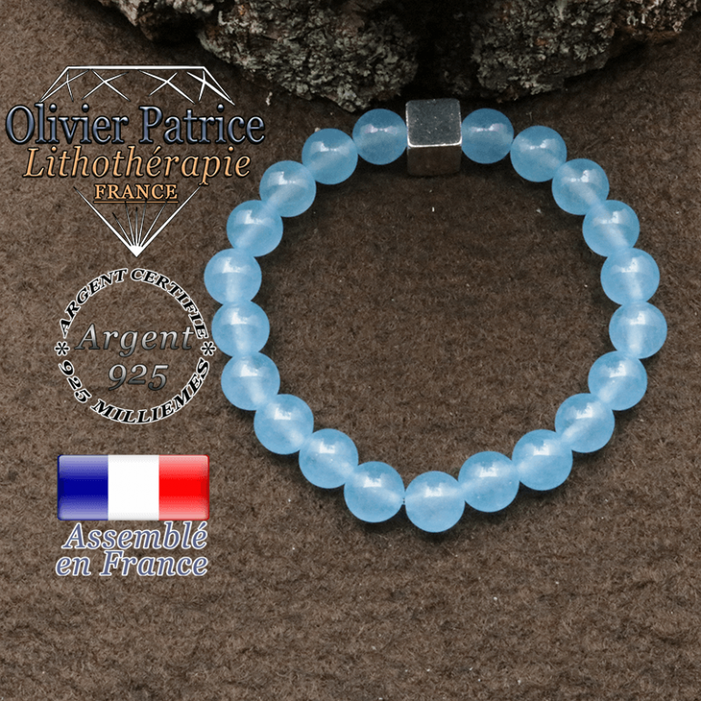 bracelet surmonte de son cube en argent 925 et en pierre naturelle agate-bleu