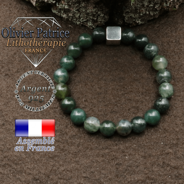 bracelet surmonte de son cube en argent 925 et en pierre naturelle agate-mousse
