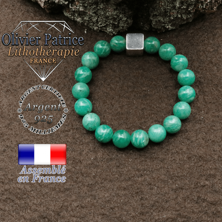 bracelet surmonte de son cube en argent 925 et en pierre naturelle amazonite-russie