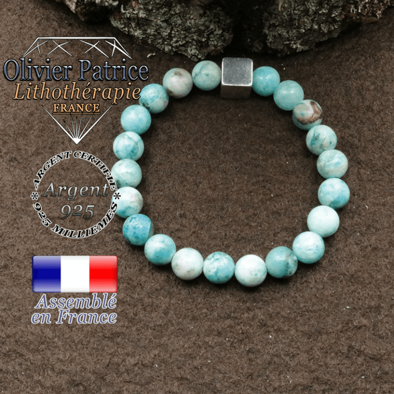 bracelet surmonte de son cube en argent 925 et en pierre naturelle hemimorphite