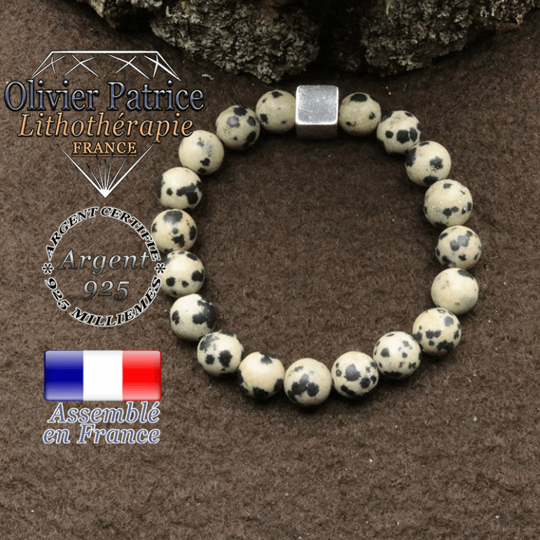 bracelet surmonte de son cube en argent 925 et en pierre naturelle jaspe dalmatien