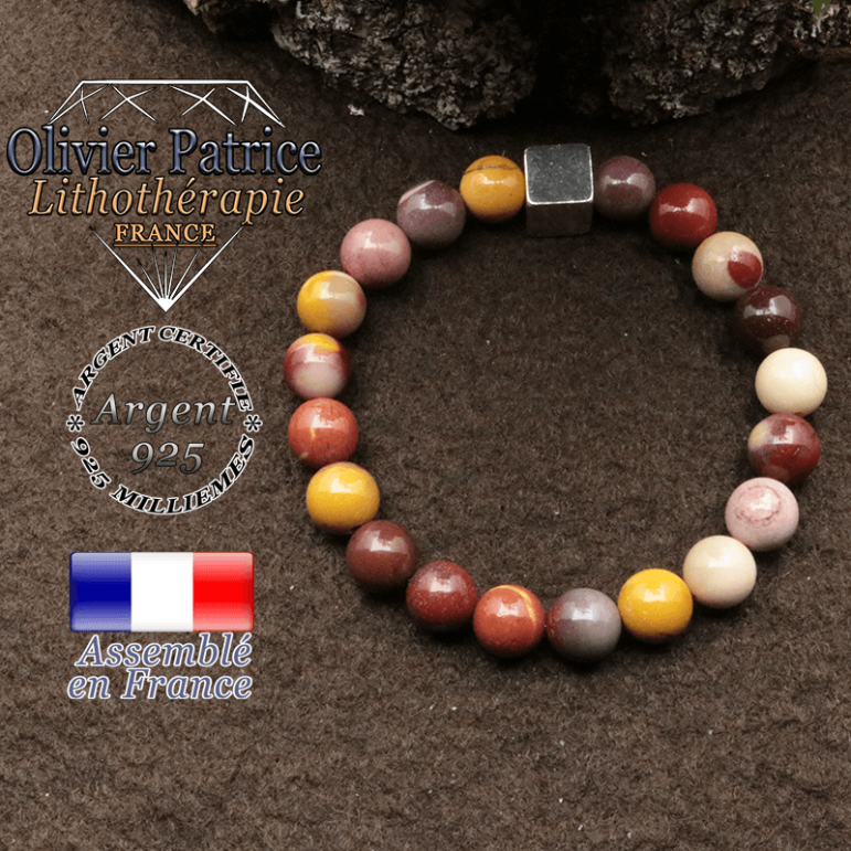 bracelet surmonte de son cube en argent 925 et en pierre naturelle jaspe mokaite