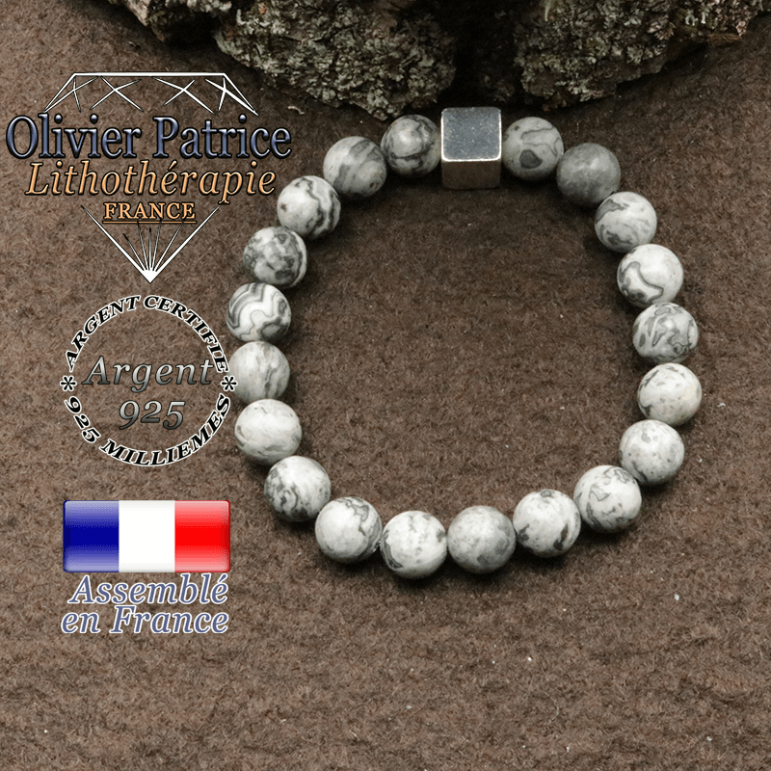 bracelet surmonte de son cube en argent 925 et en pierre naturelle jaspe crazy lace gris