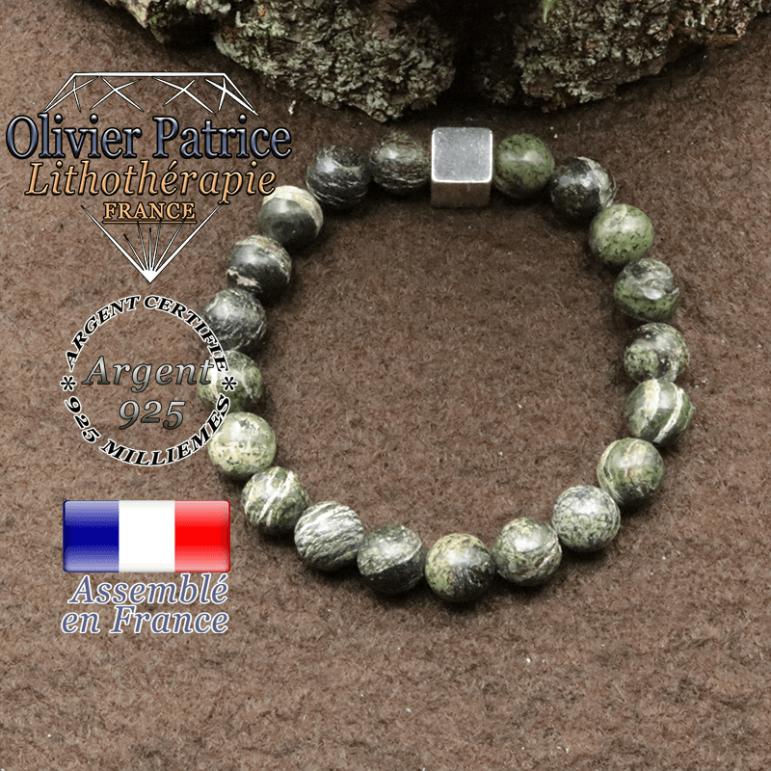bracelet surmonte de son cube en argent 925 et en pierre naturelle jaspe vert zebre