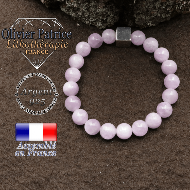 bracelet surmonte de son cube en argent 925 et en pierre naturelle kunzite