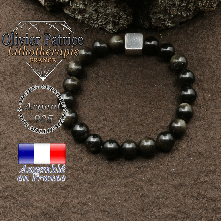 bracelet surmonte de son cube en argent 925 et en pierre naturelle obsidienne dore