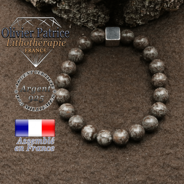 bracelet surmonte de son cube en argent 925 et en pierre naturelle obsidienne neige brune