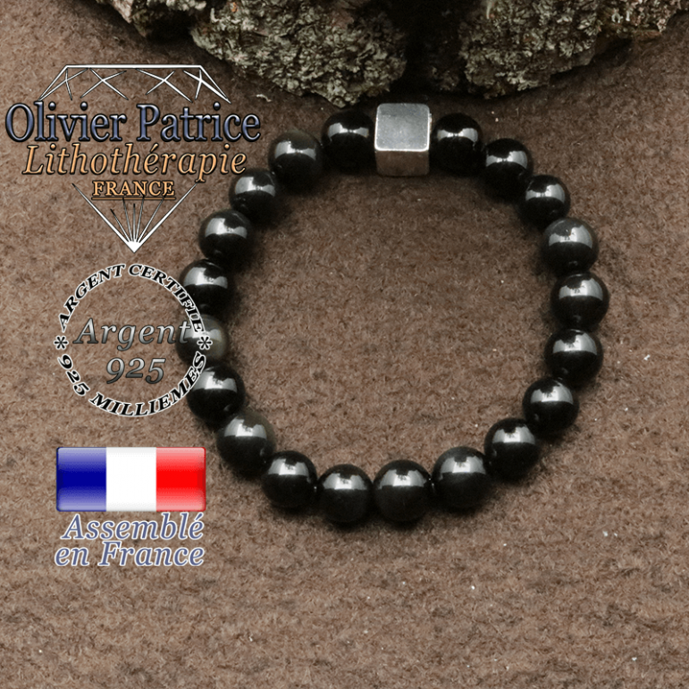 bracelet surmonte de son cube en argent 925 et en pierre naturelle obsidienne oeil celeste