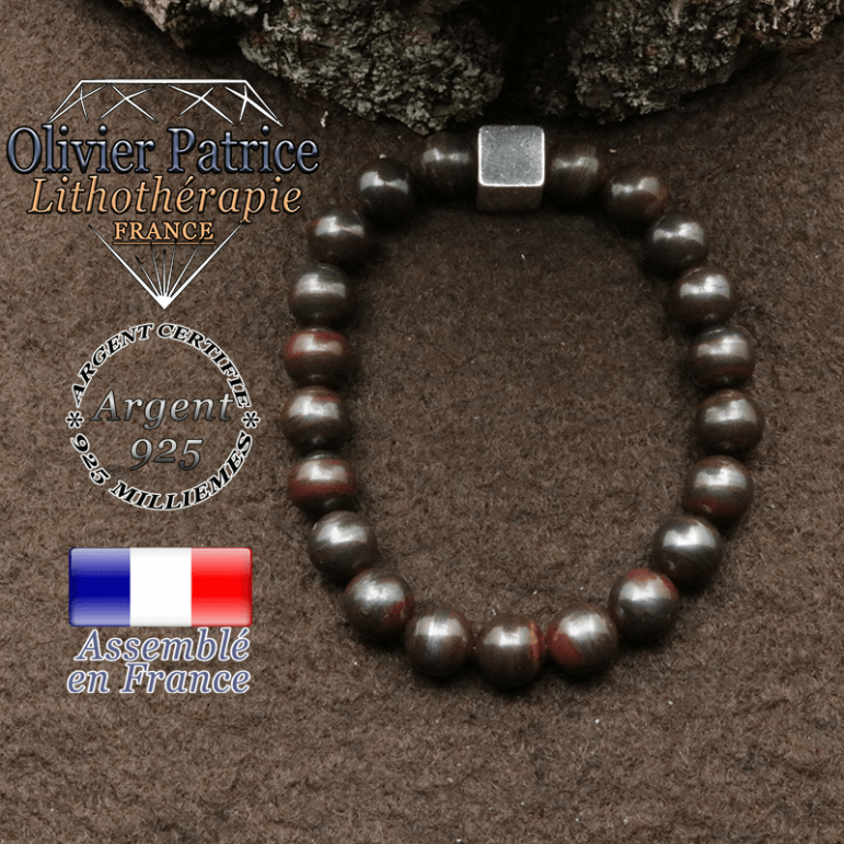 bracelet surmonte de son cube en argent 925 et en pierre naturelle oeil de fer