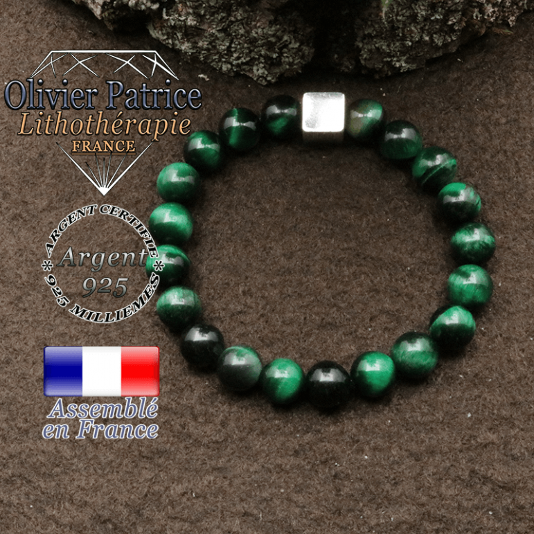 bracelet surmonte de son cube en argent 925 et en pierre naturelle oeil tigre vert teinte