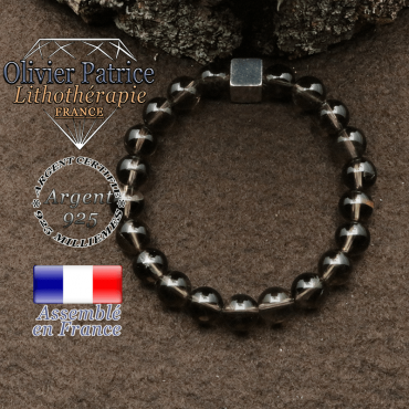 bracelet surmonte de son cube en argent 925 et en pierre naturelle quartz-fume