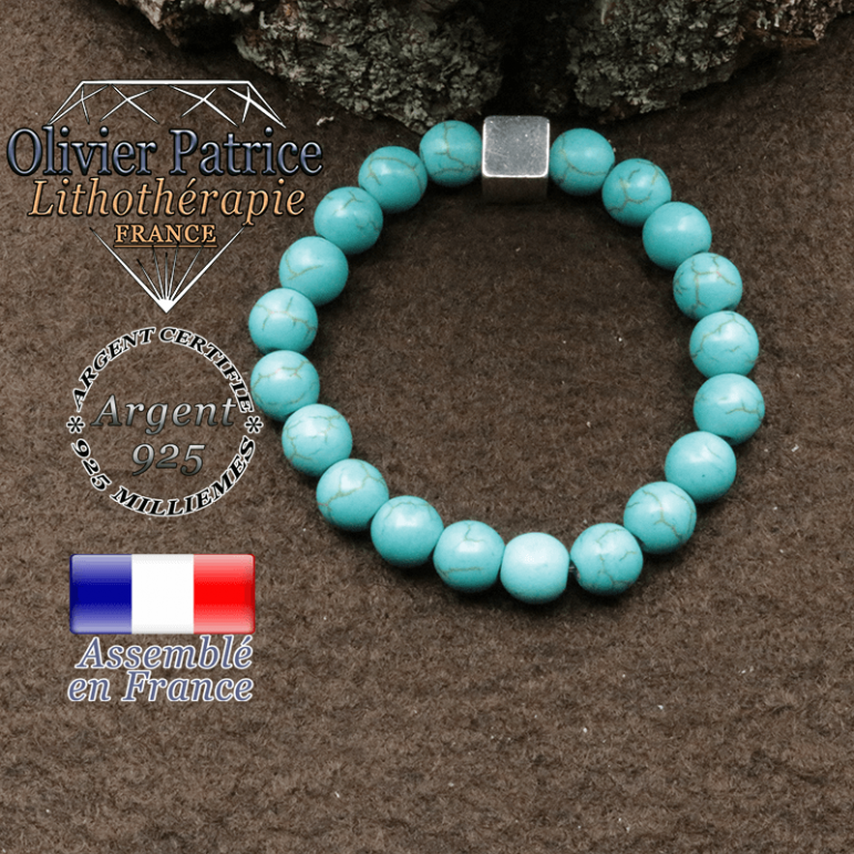 bracelet surmonte de son cube en argent 925 et en pierre naturelle turquoise