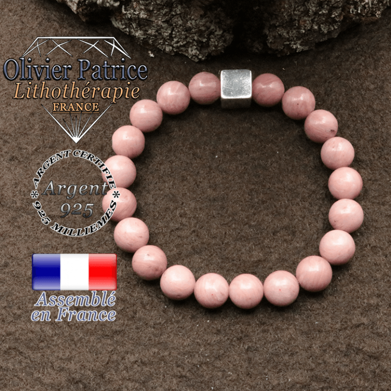 bracelet surmonte de son cube en argent 925 et en pierre naturelle rhodochrosite