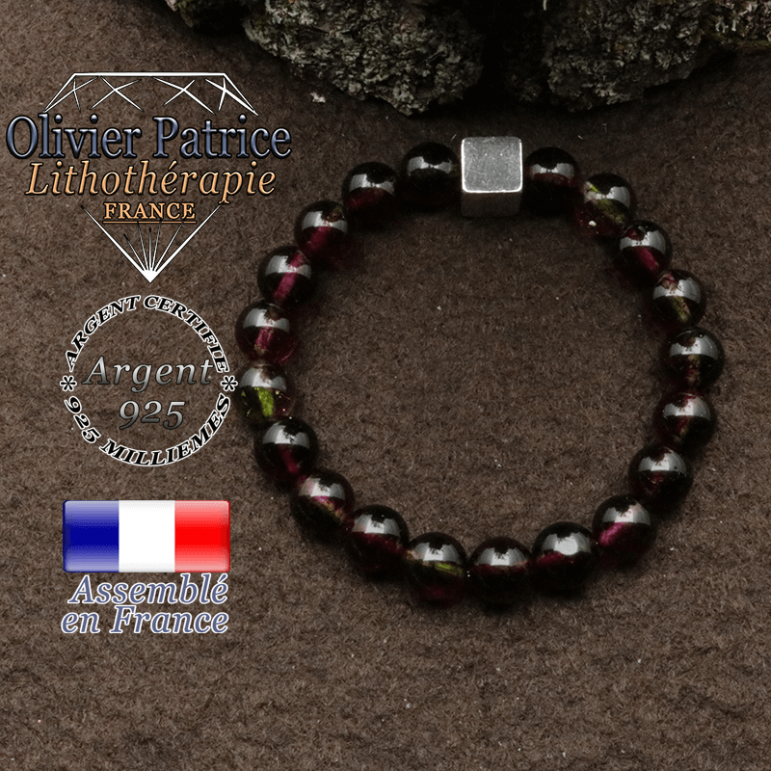 bracelet surmonte de son cube en argent 925 et en pierre naturelle tourmaline melon d'eau