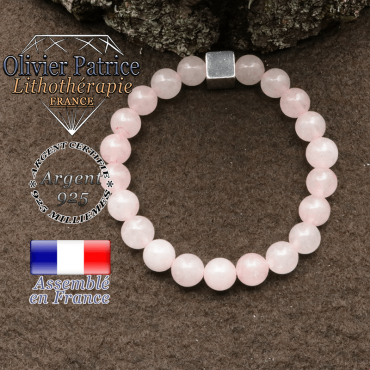 bracelet surmonte de son cube en argent 925 et en pierre naturelle quartz -rose