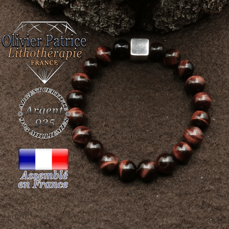 bracelet surmonte de son cube en argent 925 et en pierre naturelle oeil de taureau