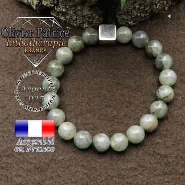 bracelet en pierre naturelle en labradorite et son cube de 10mm en argent 925
