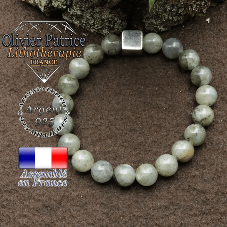 bracelet en pierre naturelle en labradorite et son cube de 10mm en argent 925
