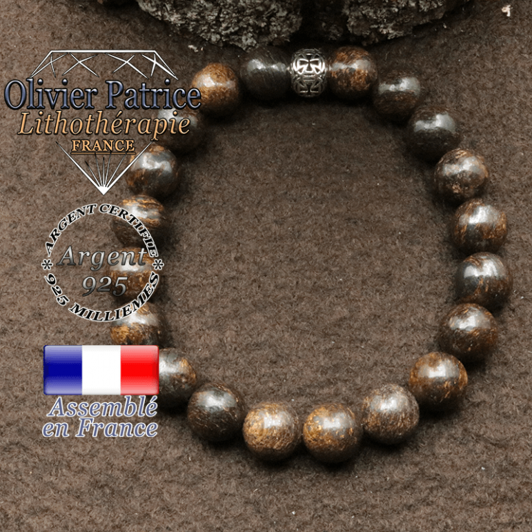 bracelet en bronzite pierre naturelle et sa boule croix en argent 925