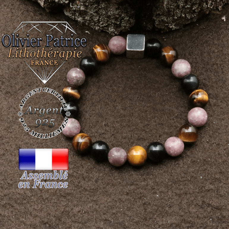 Bracelet 3 pierres de protection et petit cube 8 mm en argent 925