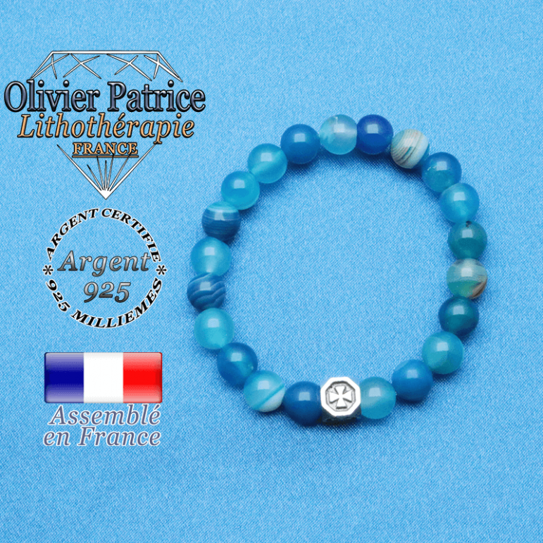 bracelet cube croix en argent 925 et sa pierre naturelle agate bleu a bande