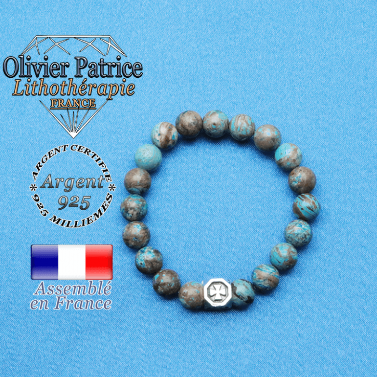 Bracelet cube croix en argent 925 et sa pierre naturelle en agate crazy lace bleu