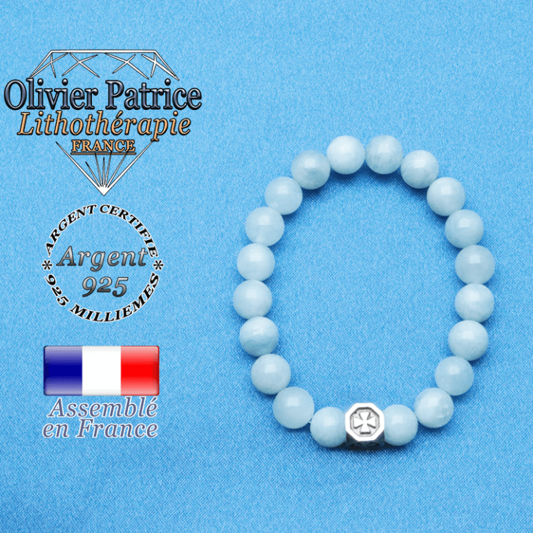 bracelet cube croix en argent 925 et sa pierre naturelle en aigue marine