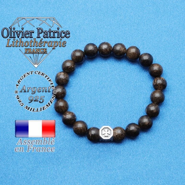 bracelet cube croix en argent 925 et sa pierre naturelle en bronzite