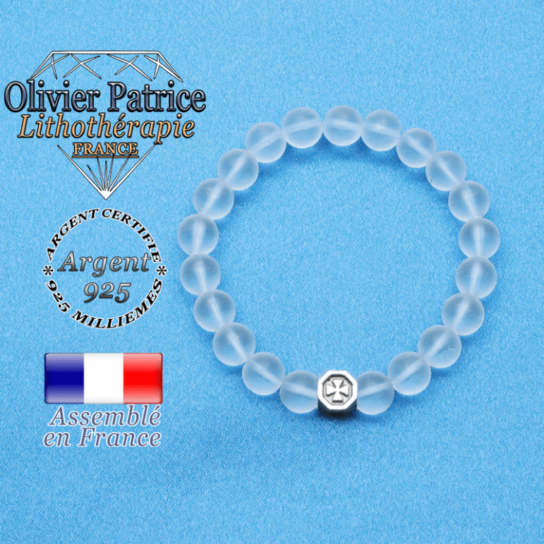 bracelet cube croix en argent 925 et sa pierre naturelle en cristal de roche mat
