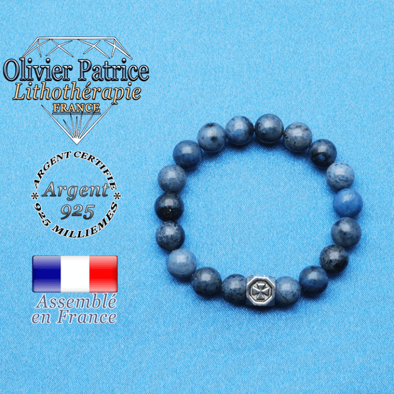 bracelet cube croix en argent 925 et sa pierre naturelle en dumortierite