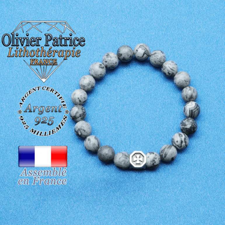 bracelet cube croix en argent 925 et sa pierre naturelle en jaspe crazy lace gris