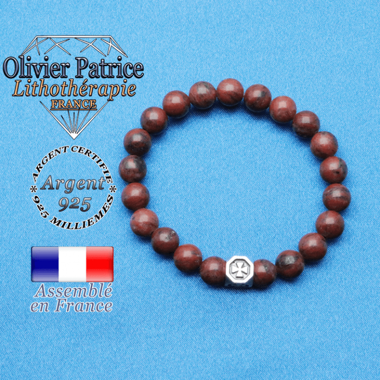 bracelet cube croix en argent 925 et sa pierre naturelle en jaspe rouge