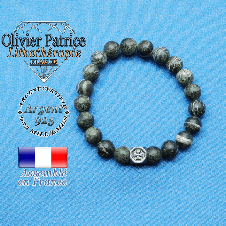 bracelet cube croix en argent 925 et sa pierre naturelle en jaspe vert zebre