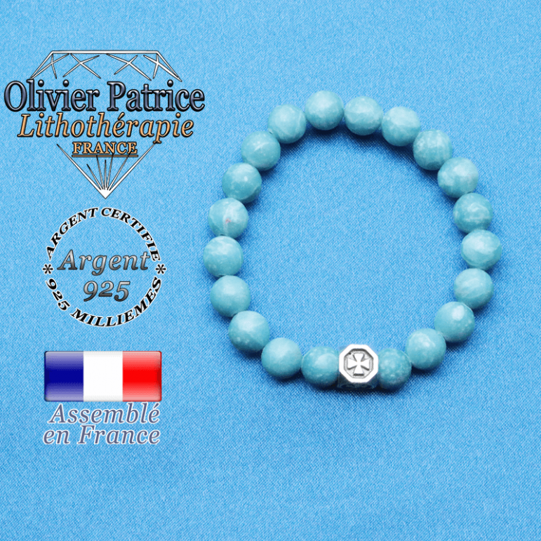 bracelet cube croix en argent 925 et sa pierre naturelle en larimar