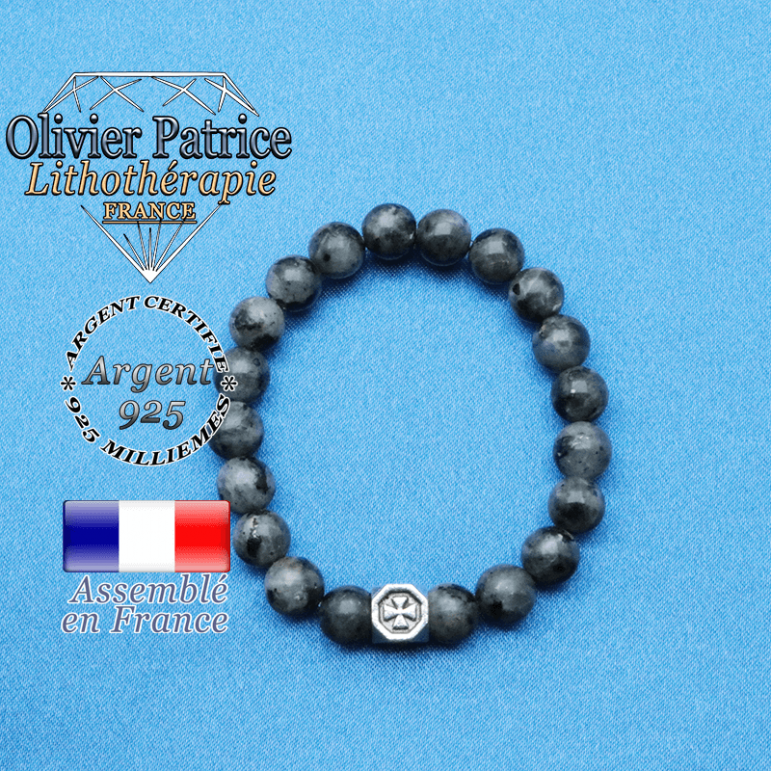 bracelet cube croix en argent 925 et sa pierre naturelle en larvikite