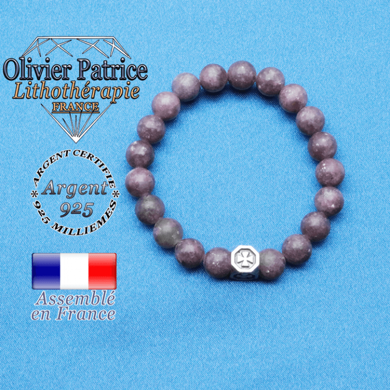 bracelet cube croix en argent 925 et sa pierre naturelle en lepidolite
