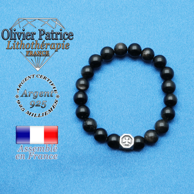 bracelet cube croix en argent 925 et sa pierre naturelle en obsidienne doré