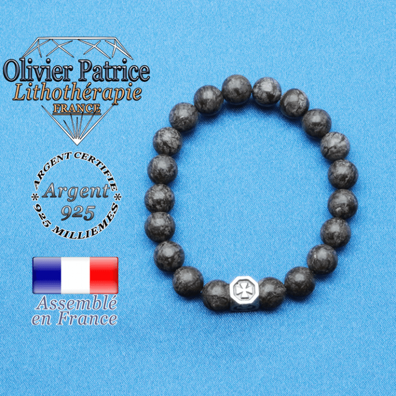 bracelet cube croix en argent 925 et sa pierre naturelle en obsidienne neige brune