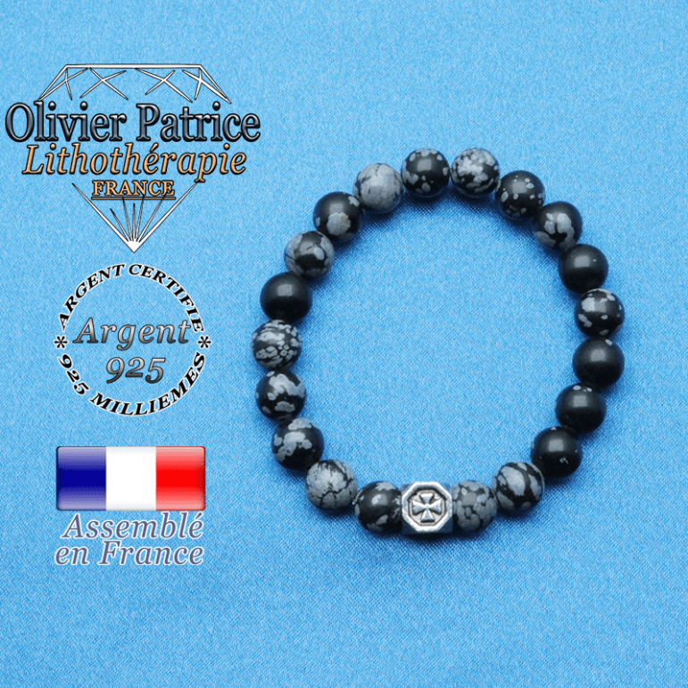 bracelet cube croix en argent 925 et sa pierre naturelle en obsidienne neige