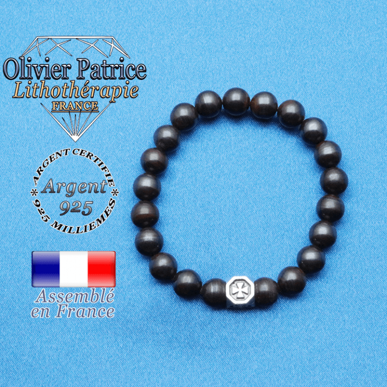 bracelet cube croix en argent 925 et sa pierre naturelle en oeil de fer
