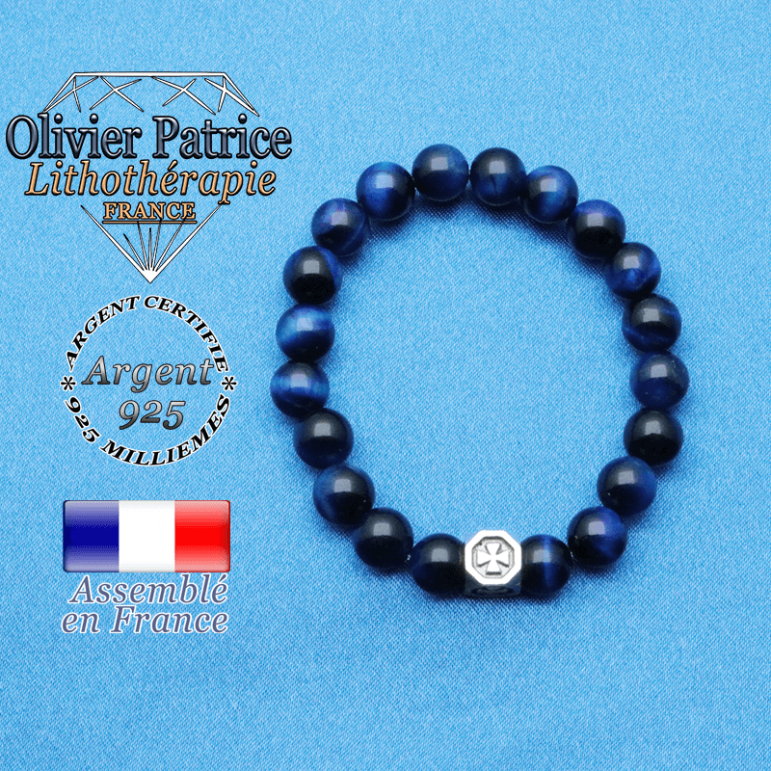 bracelet cube croix en argent 925 et sa pierre naturelle en oeil de tigre teinte bleu