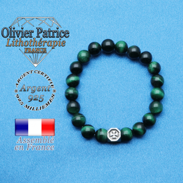 bracelet cube croix en argent 925 et sa pierre naturelle en oeil de tigre teinte vert