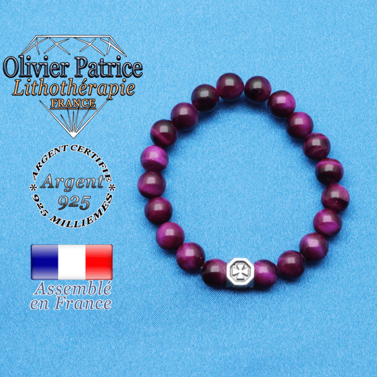 bracelet cube croix en argent 925 et sa pierre naturelle en oeil de tigre teinte violette