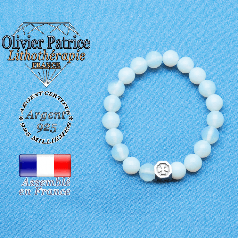 bracelet cube croix en argent 925 et sa pierre naturelle en opaline