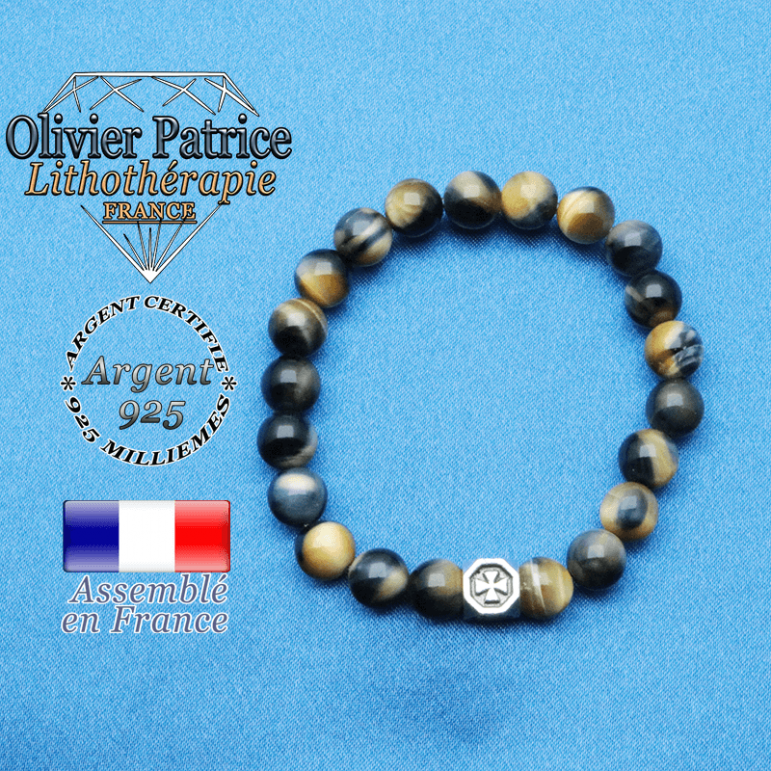 Bracelet Œil de faucon - tigre bleu et cube croix en argent 925