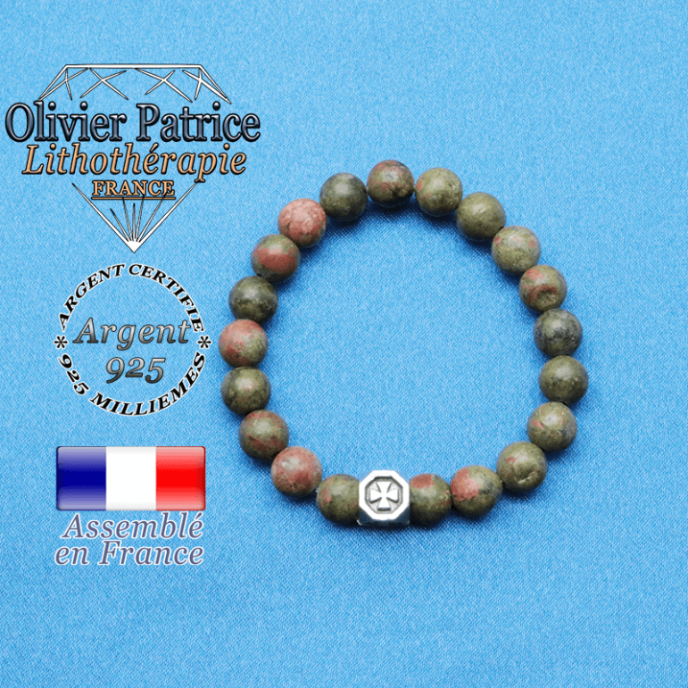 bracelet cube croix en argent 925 et sa pierre naturelle en unakite