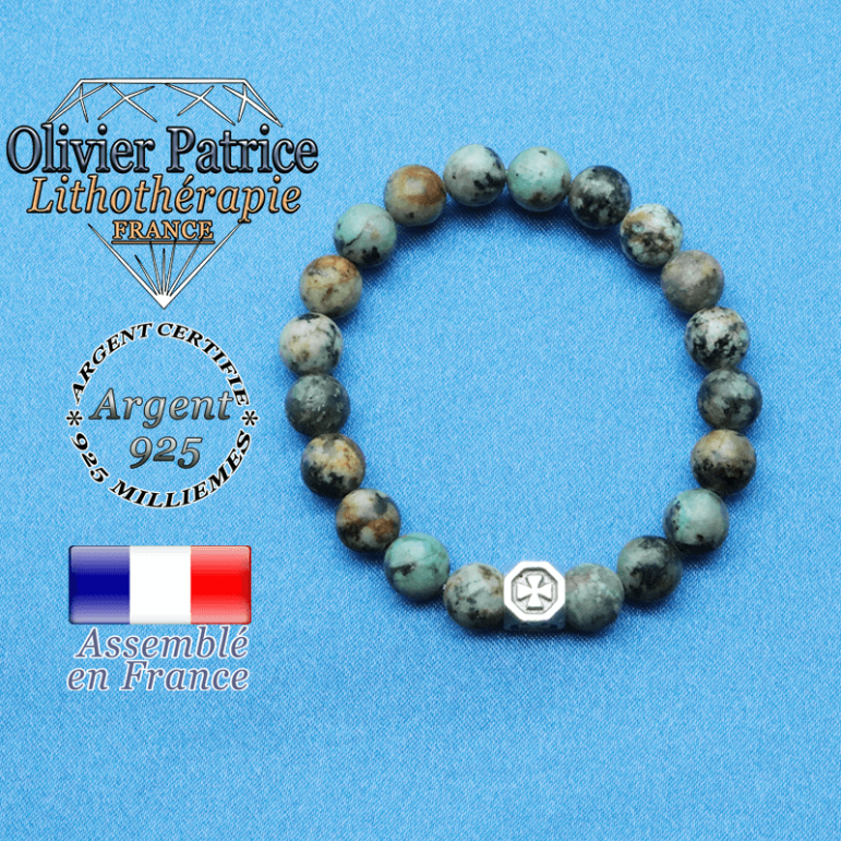 bracelet cube croix en argent 925 et sa pierre naturelle en turquoise bleu africaine