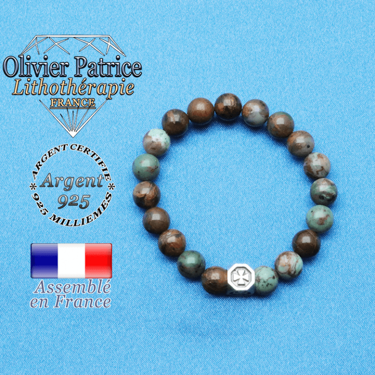 bracelet cube croix en argent 925 et sa pierre naturelle en opale verte africaine