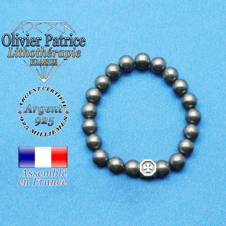 bracelet cube croix en argent 925 et sa pierre naturelle en pyrite